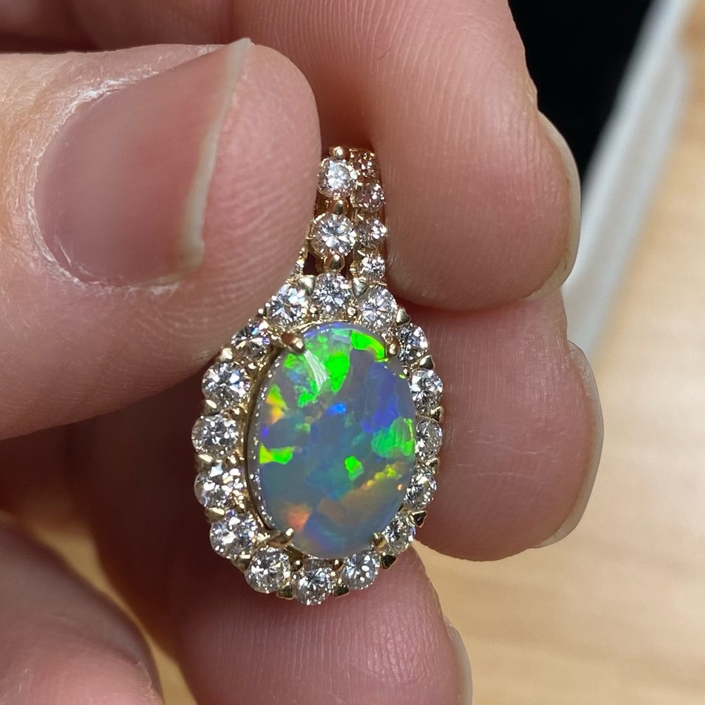 Australian Opal, 14 Karat Gold and Diamond Australian Opal Pendent